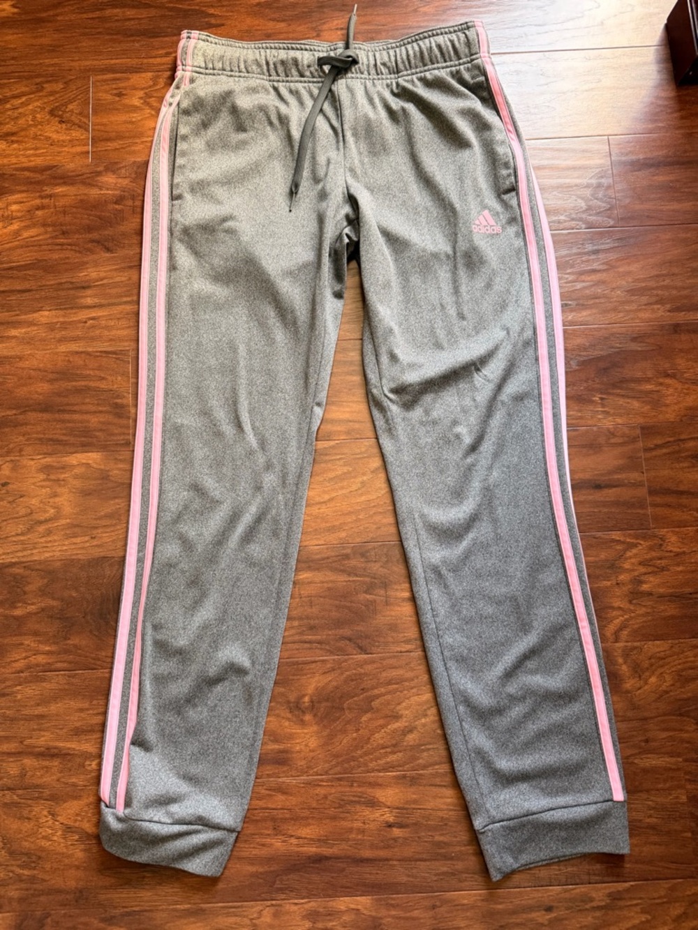 adidas Gray Track Pants with Pink Side Stripes and Drawstring Waist